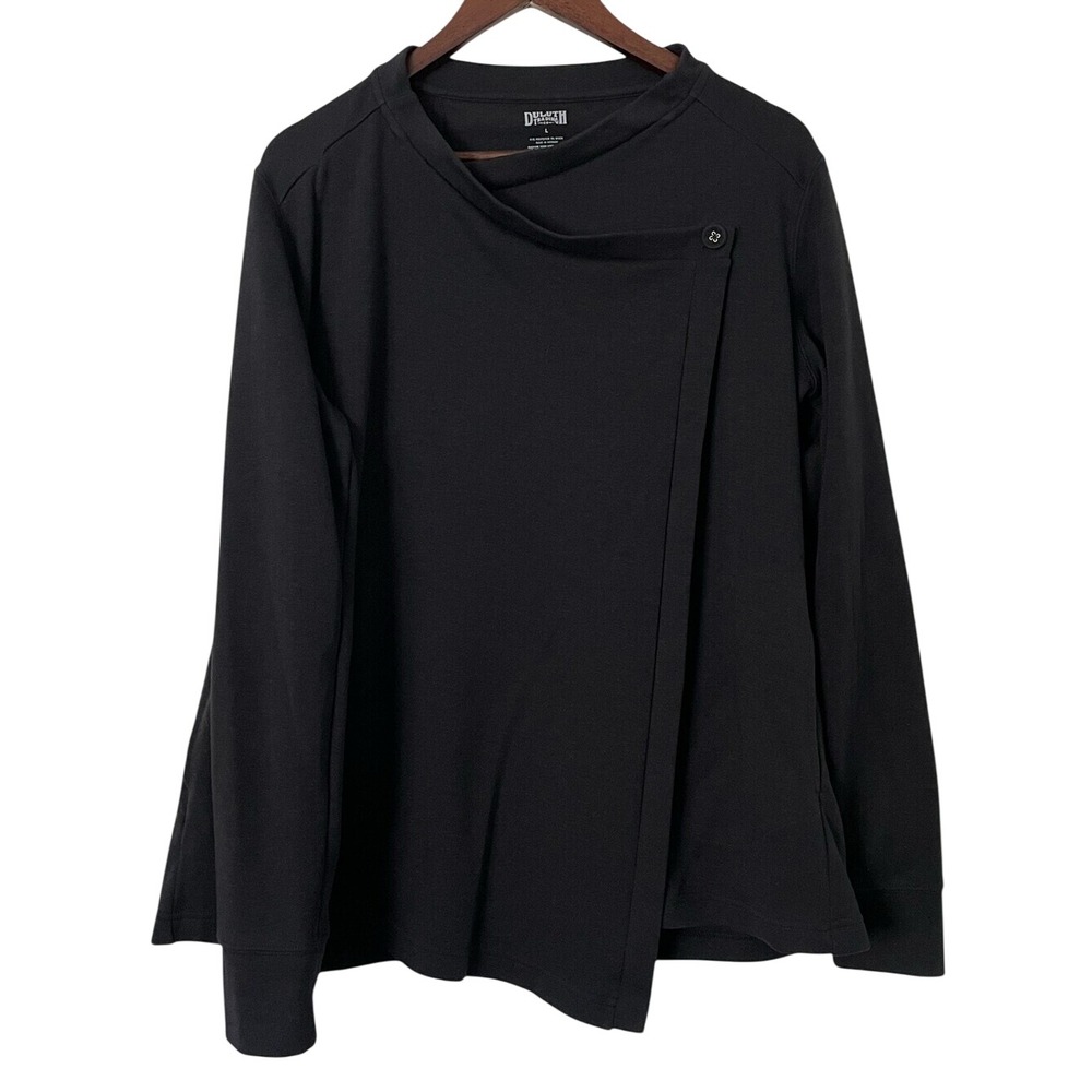 Duluth Trading Co L Black Wool Blend Popover Sweatshirt Asymmetrical Neck Pocket